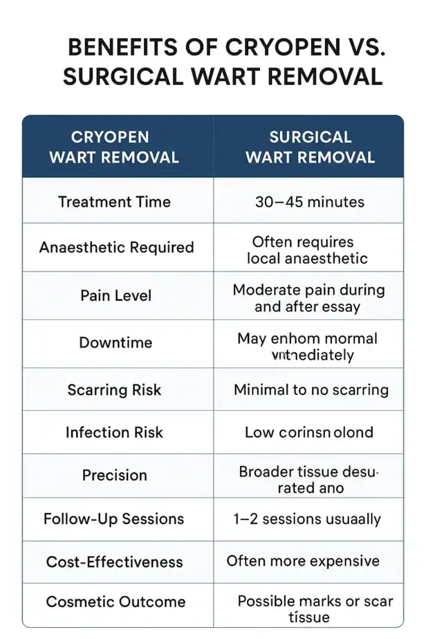 Table showing the benefits of cryopen to remove warts Warwick compared to surgical treatment